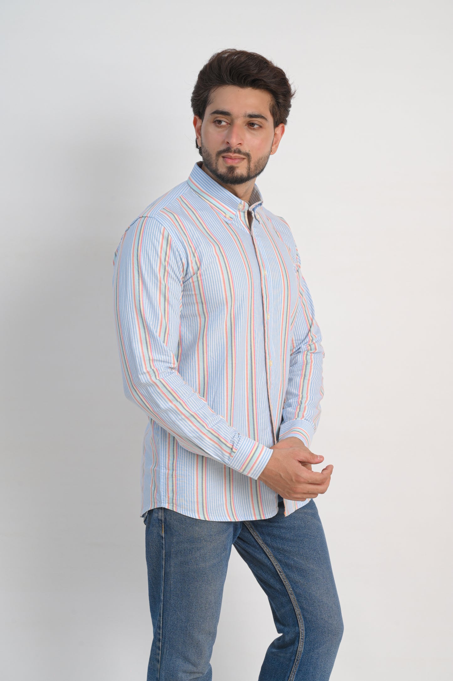 Men’s Oxford Cotton Shirt – Light Blue with Multicolor Stripes