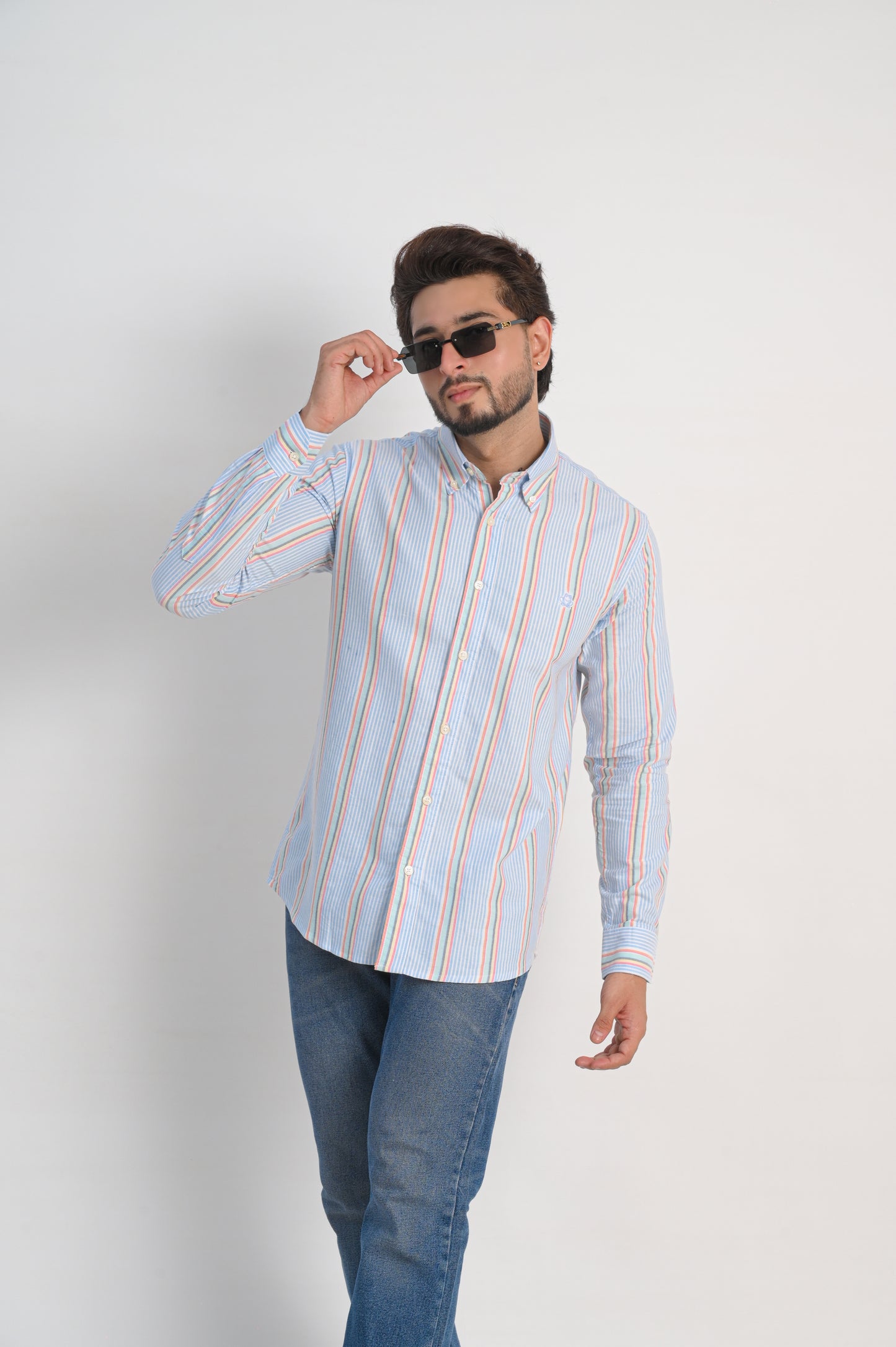 Men’s Oxford Cotton Shirt – Light Blue with Multicolor Stripes