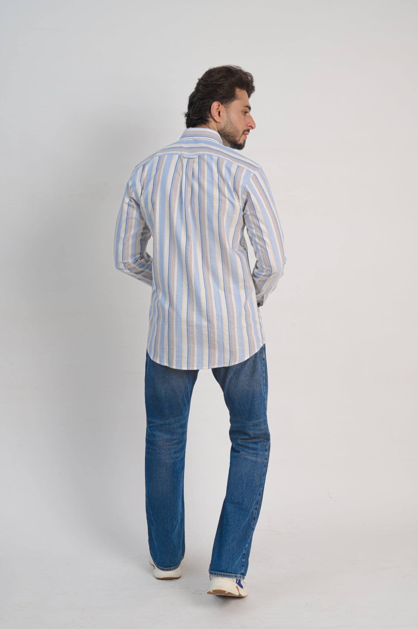 Men’s White Cotton Shirt with Blue & Beige Vertical Stripes