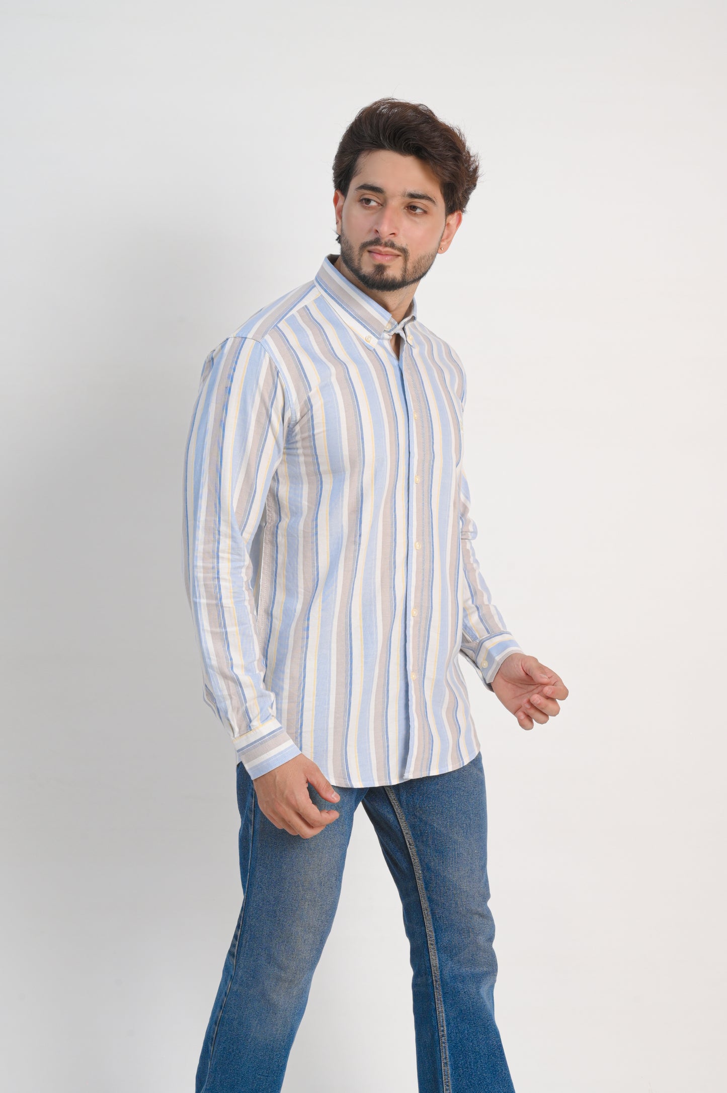 Men’s White Cotton Shirt with Blue & Beige Vertical Stripes