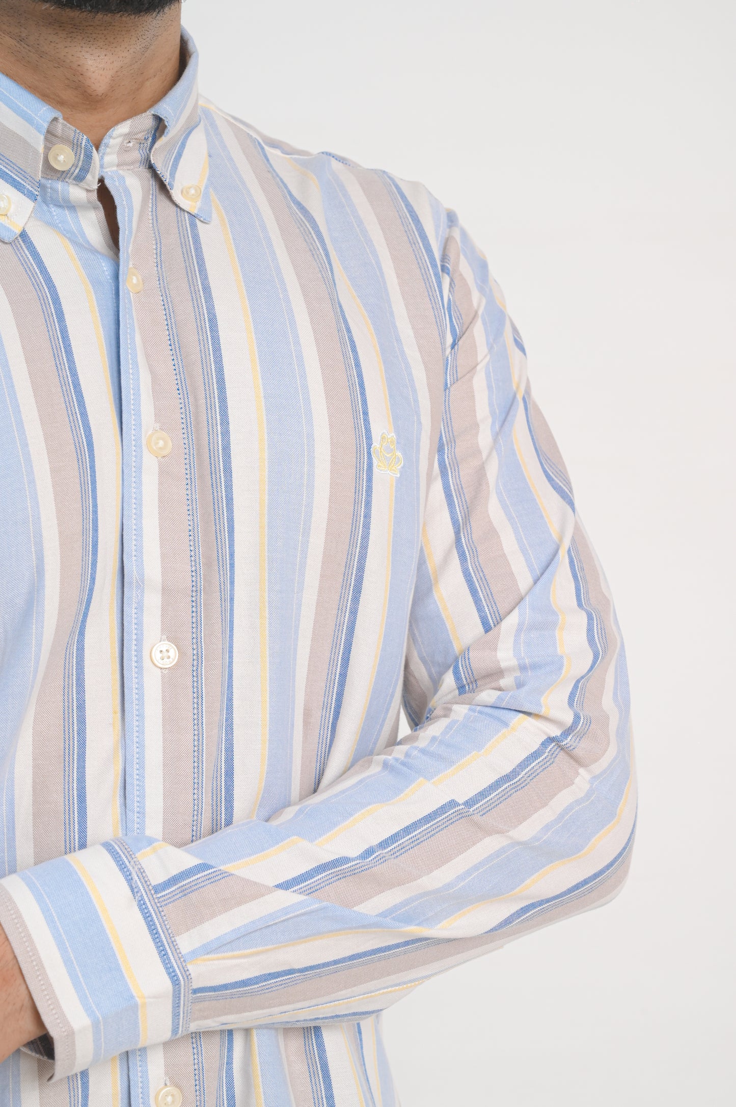 Men’s White Cotton Shirt with Blue & Beige Vertical Stripes
