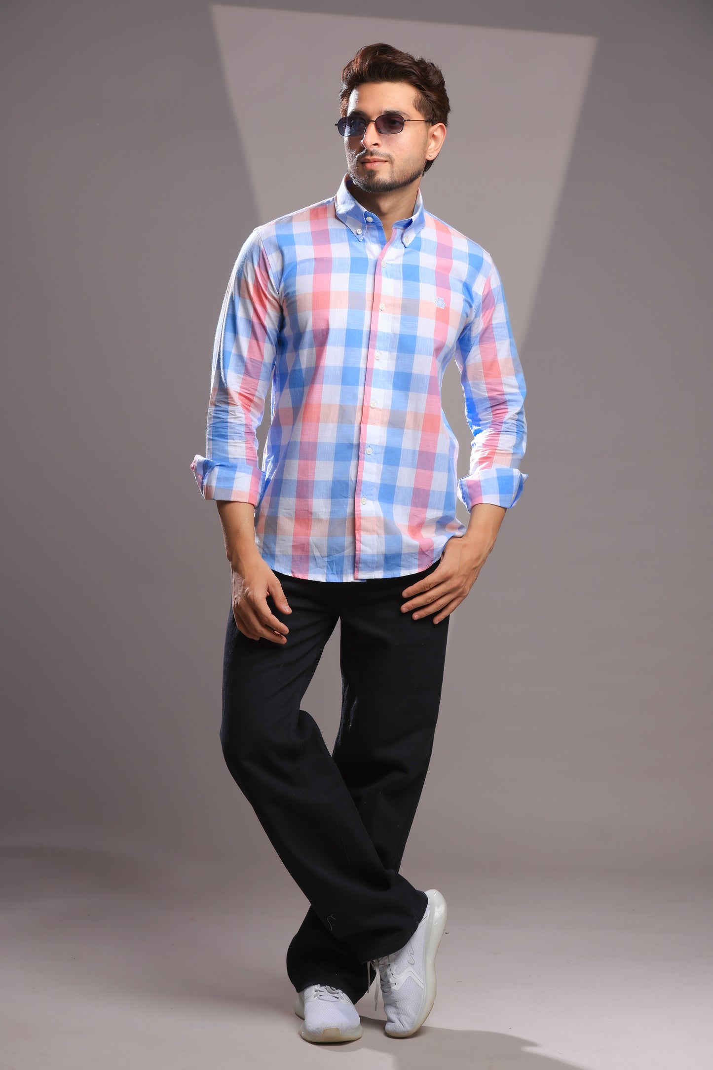 Pastel Pink & Sky Blue Linen Check Shirt – Regular Fit