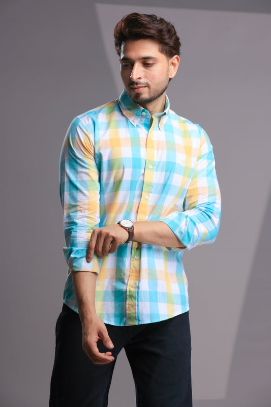 Pastel Yellow & Turquoise Linen Check Shirt – Regular Fit