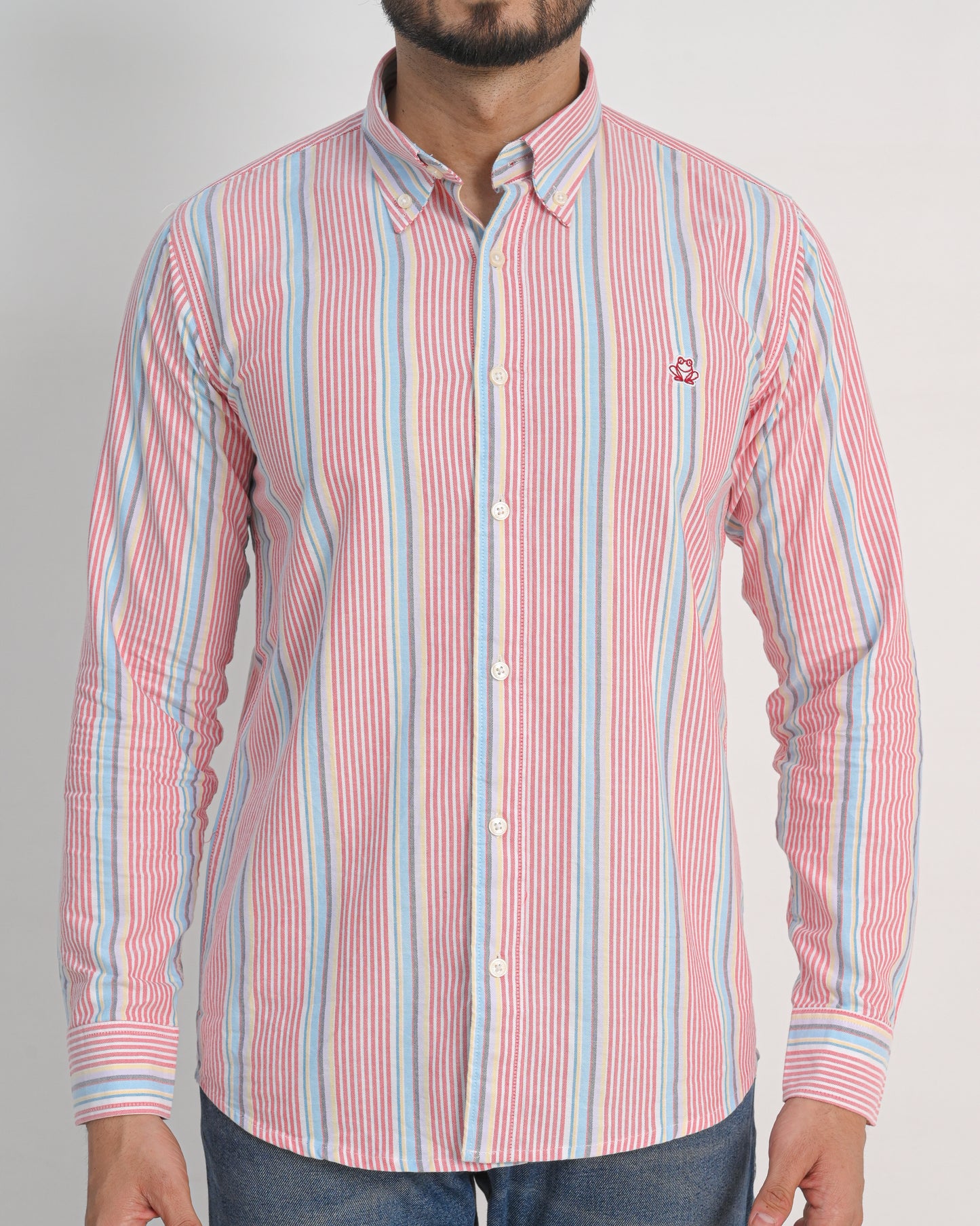 Men’s Oxford Cotton Shirt – White with Red & Blue Stripes