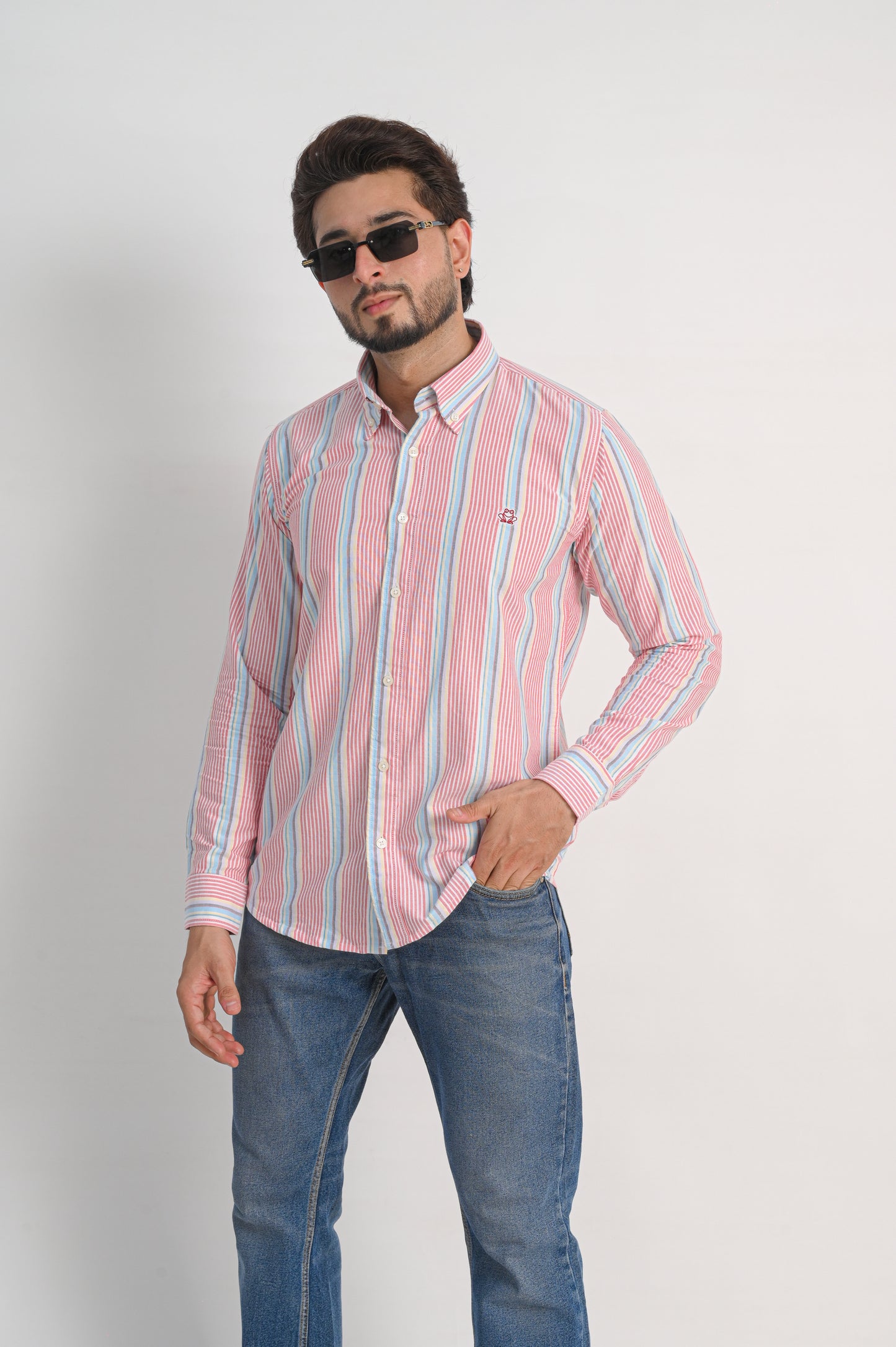 Men’s Oxford Cotton Shirt – White with Red & Blue Stripes