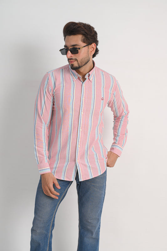 Men’s Oxford Cotton Shirt – White with Red & Blue Stripes