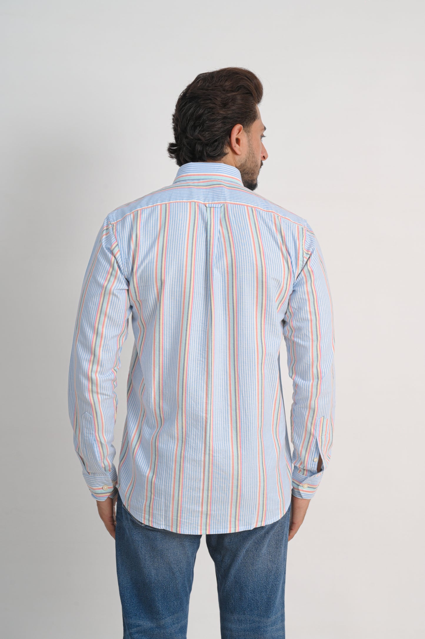 Men’s Oxford Cotton Shirt – Light Blue with Multicolor Stripes