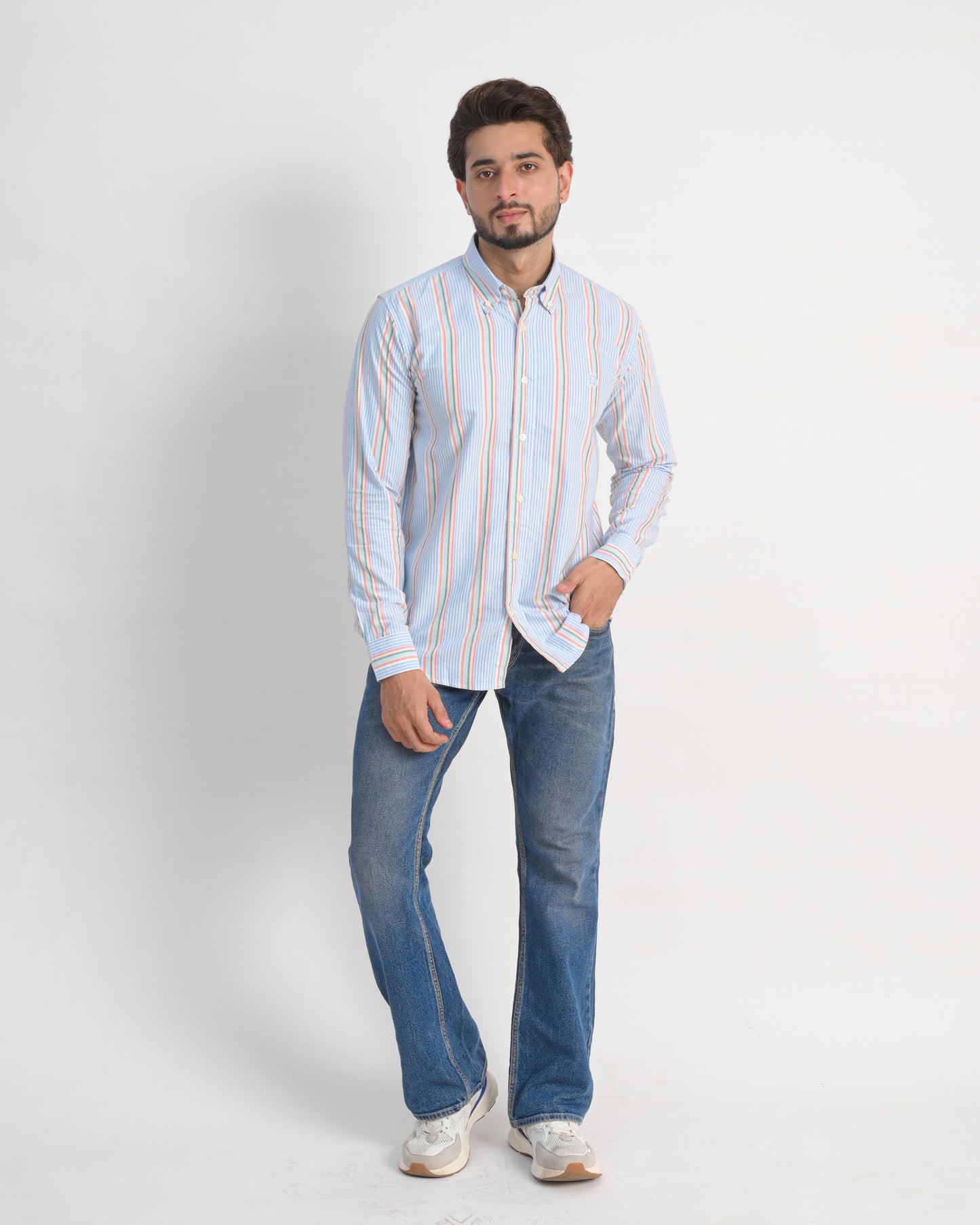 Men’s Oxford Cotton Shirt – Light Blue with Multicolor Stripes
