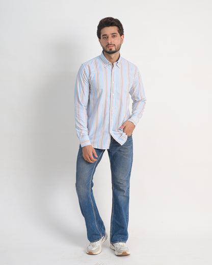 Men’s Oxford Cotton Shirt – Light Blue with Multicolor Stripes