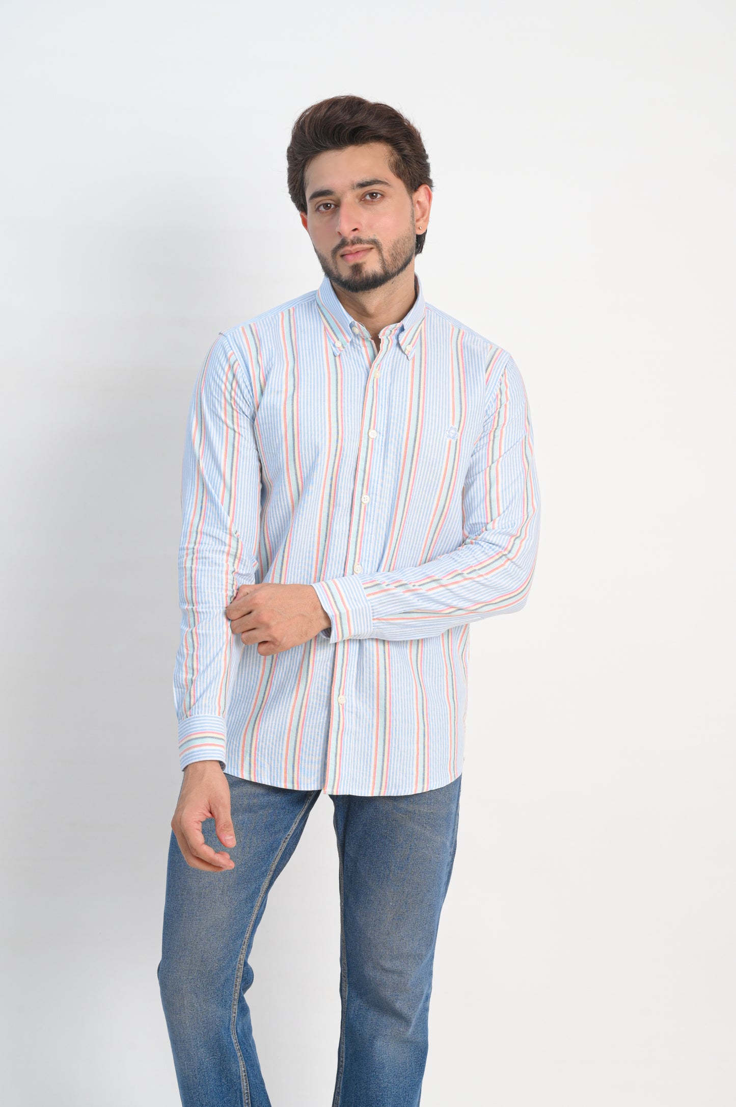Men’s Oxford Cotton Shirt – Light Blue with Multicolor Stripes