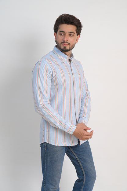 Men’s Oxford Cotton Shirt – Light Blue with Multicolor Stripes