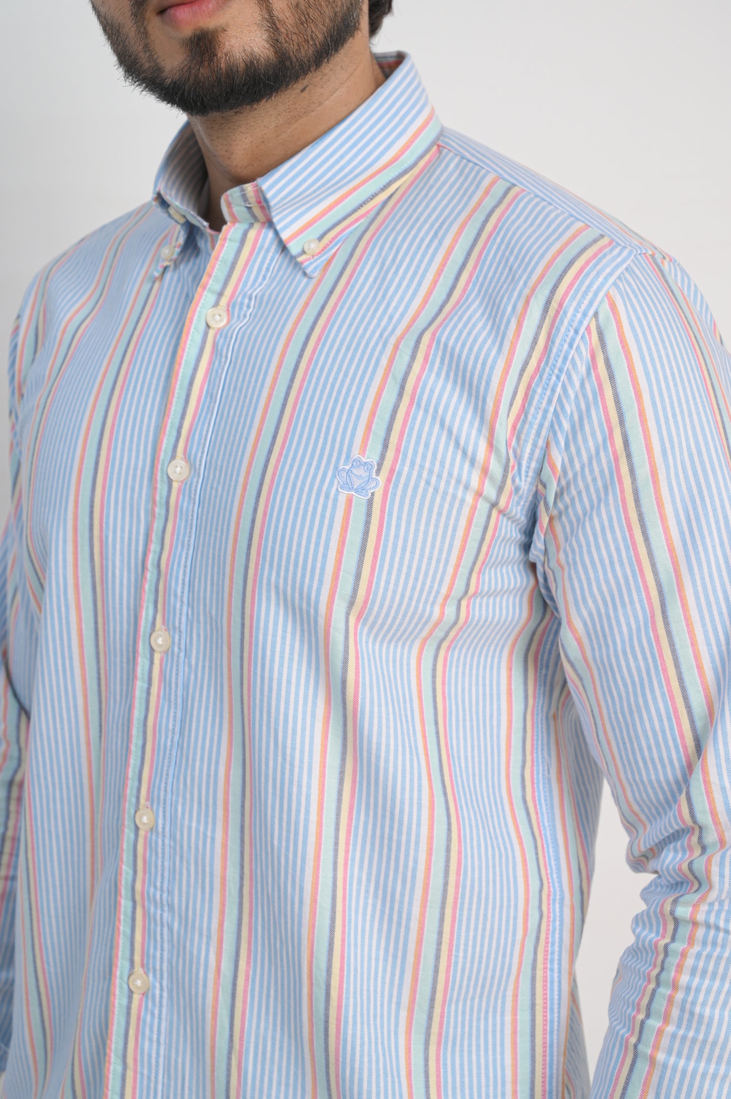 Men’s Oxford Cotton Shirt – Light Blue with Multicolor Stripes