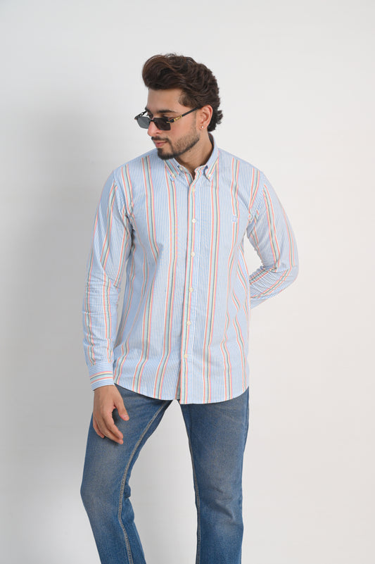 Men’s Oxford Cotton Shirt – Light Blue with Multicolor Stripes