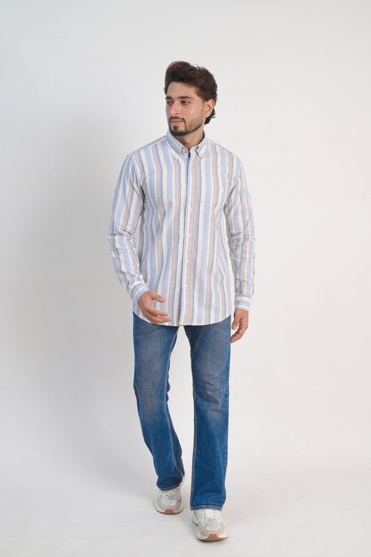 Men’s White Cotton Shirt with Blue & Beige Vertical Stripes