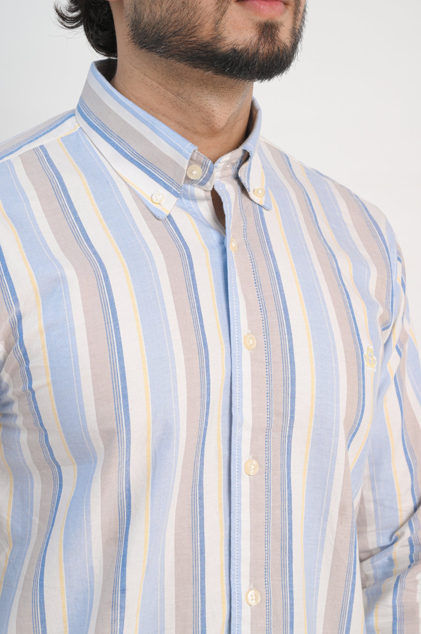 Men’s White Cotton Shirt with Blue & Beige Vertical Stripes