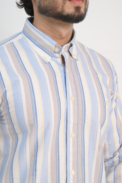 Men’s White Cotton Shirt with Blue & Beige Vertical Stripes