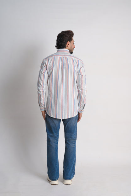 Men’s White Cotton Shirt with Multicolor Vertical Stripes