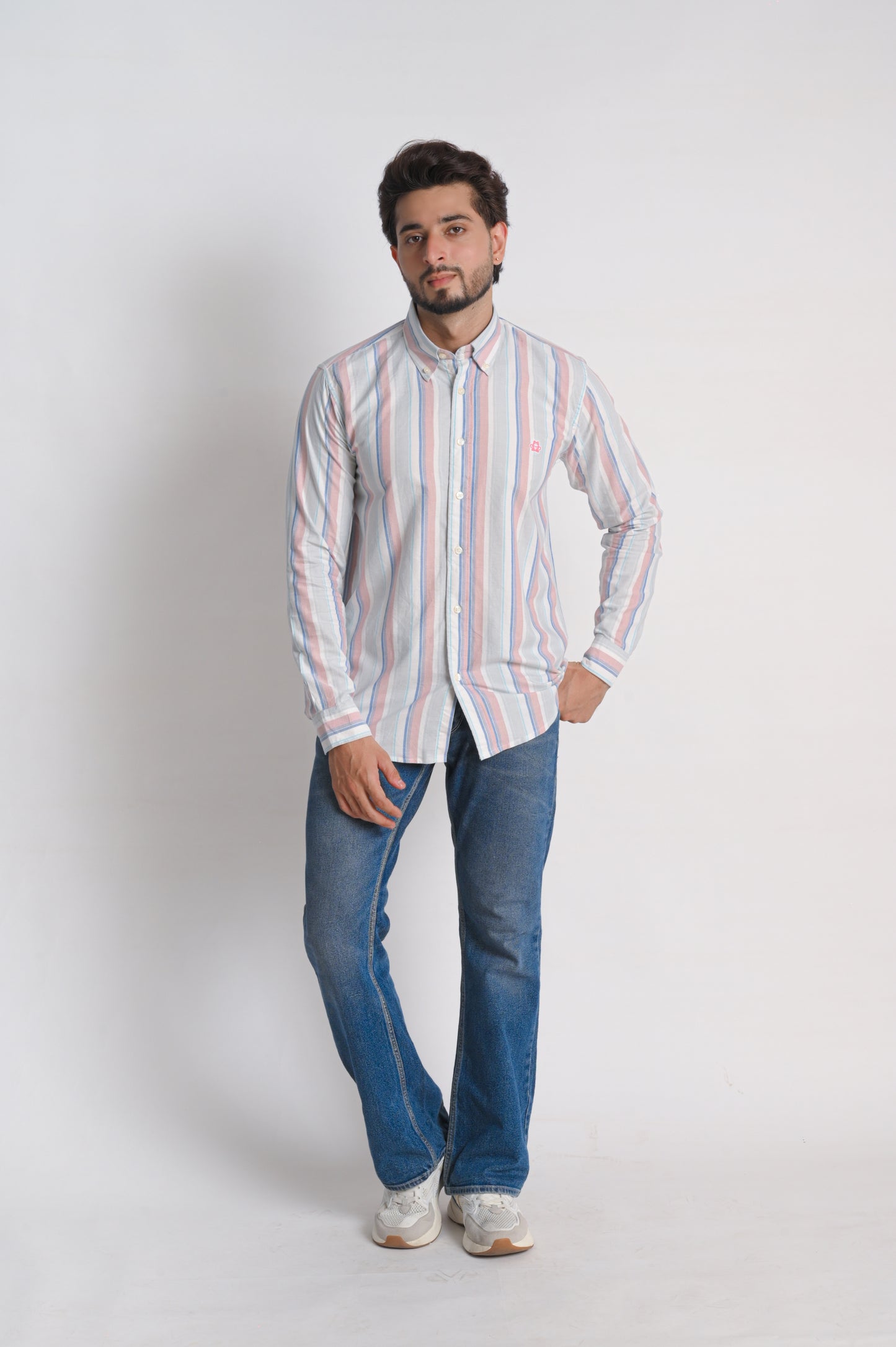 Men’s White Cotton Shirt with Multicolor Vertical Stripes
