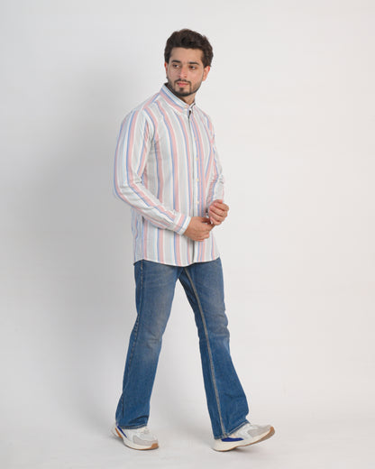 Men’s White Cotton Shirt with Multicolor Vertical Stripes