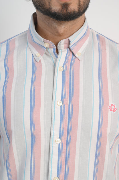 Men’s White Cotton Shirt with Multicolor Vertical Stripes