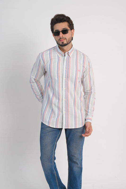 Men’s White Cotton Shirt with Multicolor Vertical Stripes