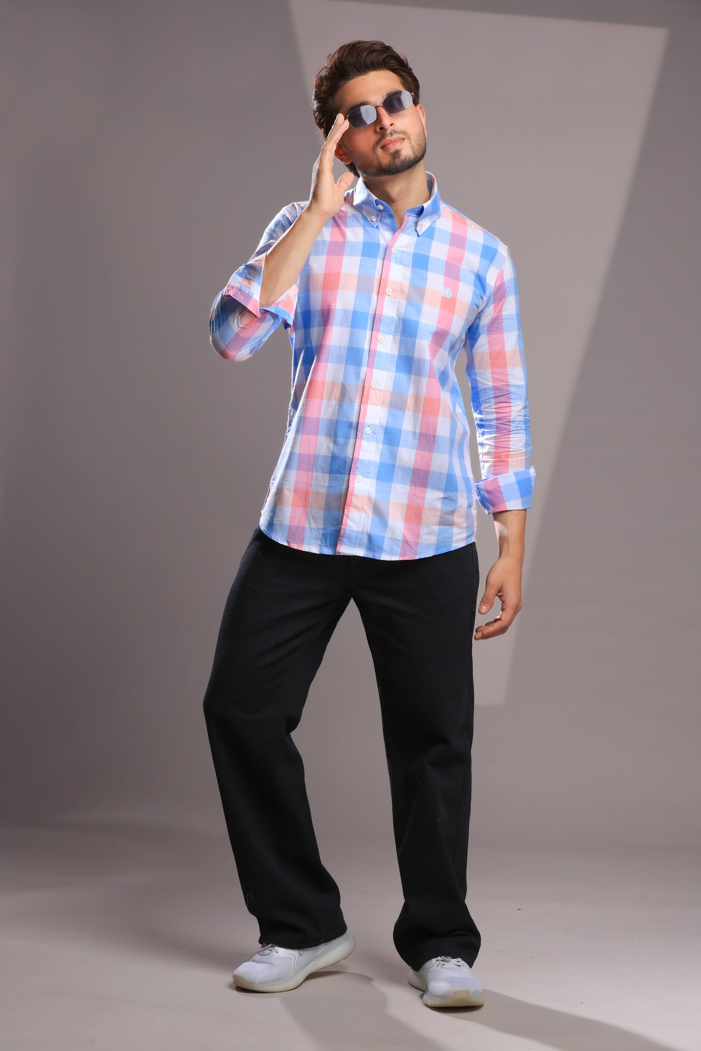 Pastel Pink & Sky Blue Linen Check Shirt – Regular Fit