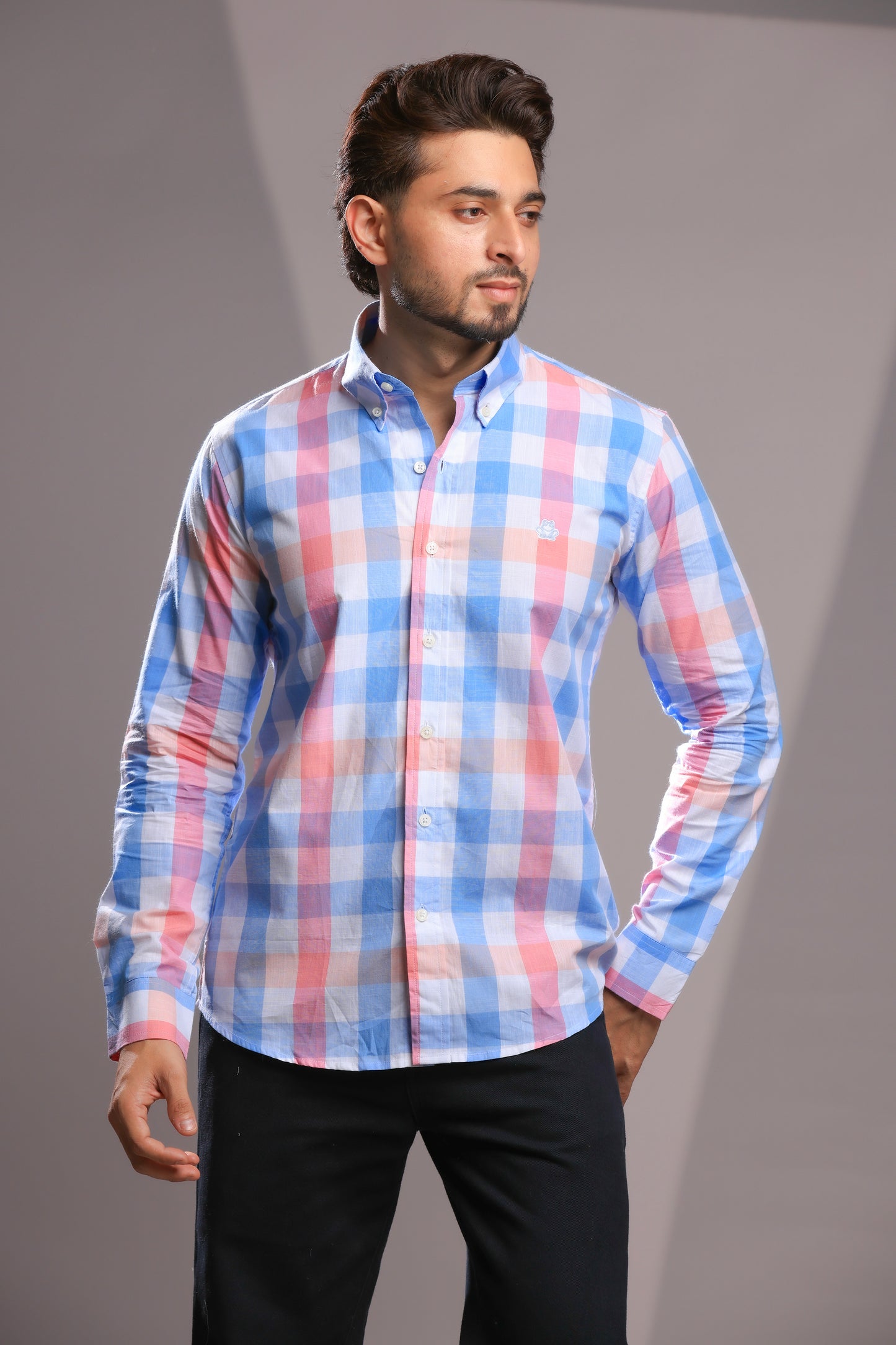 Pastel Pink & Sky Blue Linen Check Shirt – Regular Fit