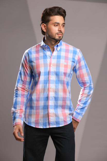 Pastel Pink & Sky Blue Linen Check Shirt – Regular Fit
