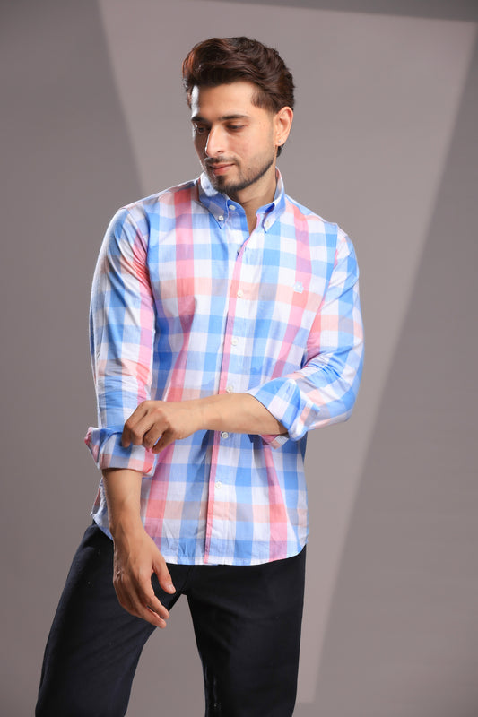 Pastel Pink & Sky Blue Linen Check Shirt – Regular Fit