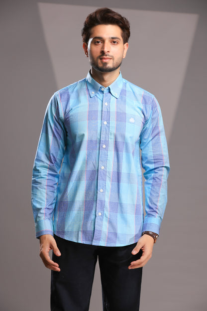 Men’s Regular Fit Sky Blue Checked Cotton Shirt