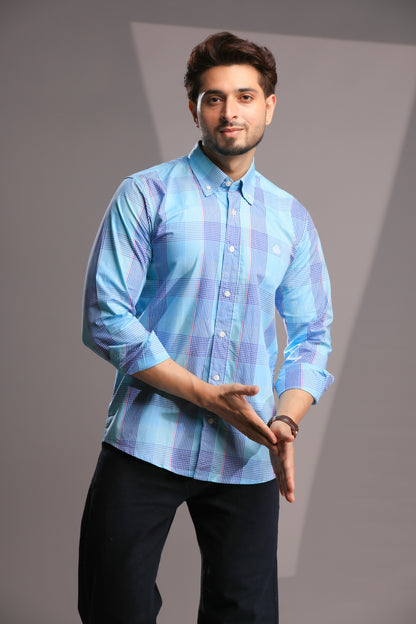 Men’s Regular Fit Sky Blue Checked Cotton Shirt