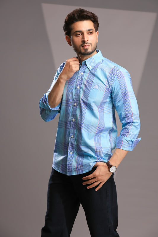Men’s Regular Fit Sky Blue Checked Cotton Shirt