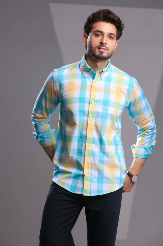 Pastel Yellow & Turquoise Linen Check Shirt – Regular Fit