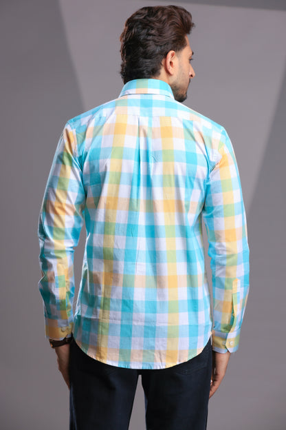Pastel Yellow & Turquoise Linen Check Shirt – Regular Fit