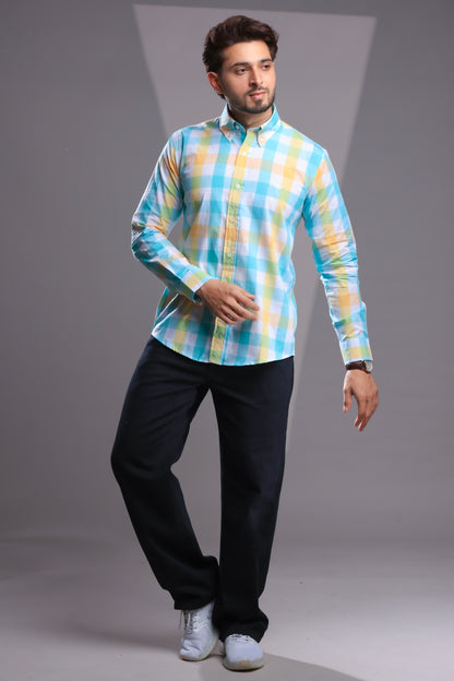 Pastel Yellow & Turquoise Linen Check Shirt – Regular Fit