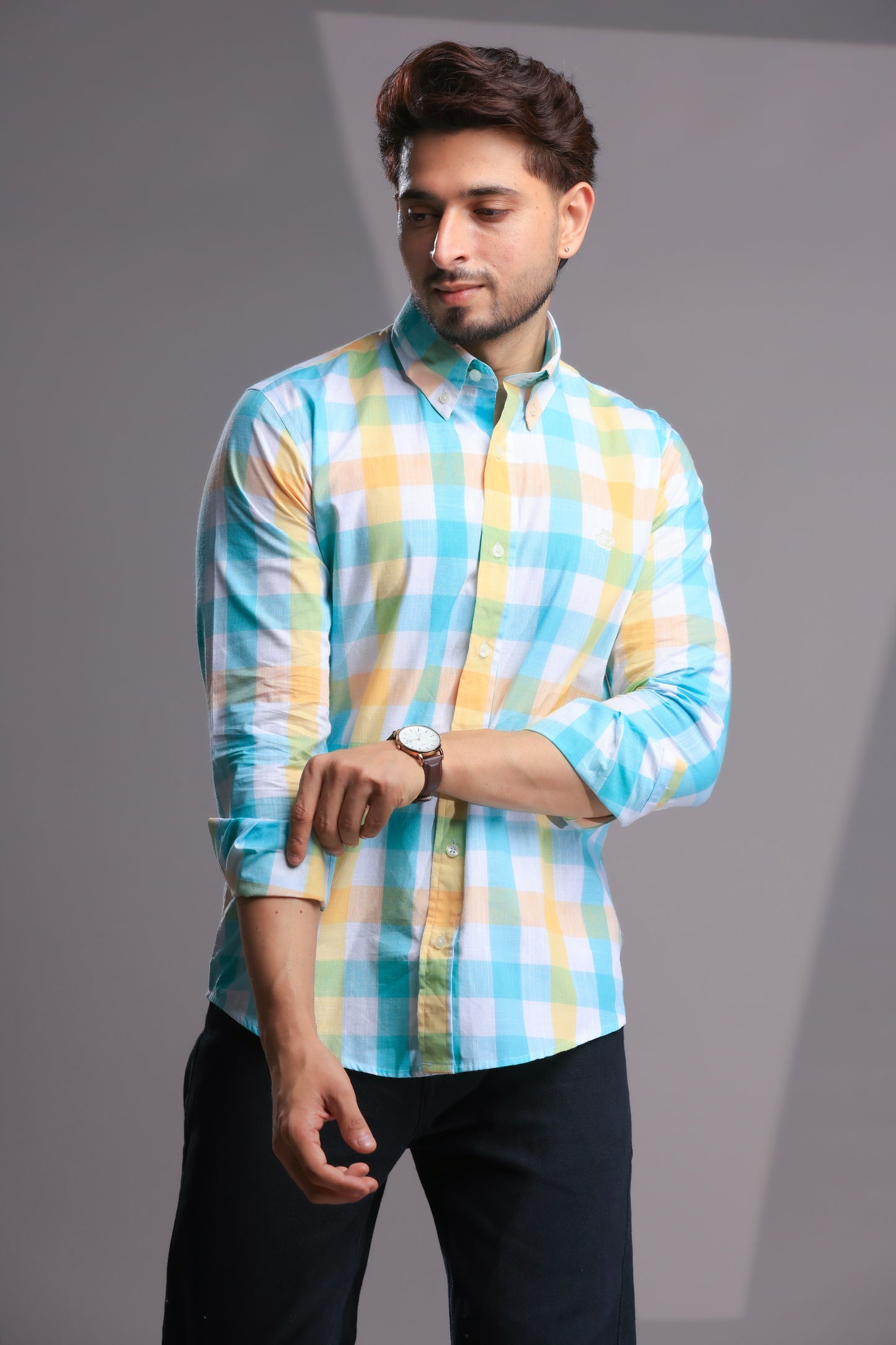 Pastel Yellow & Turquoise Linen Check Shirt – Regular Fit