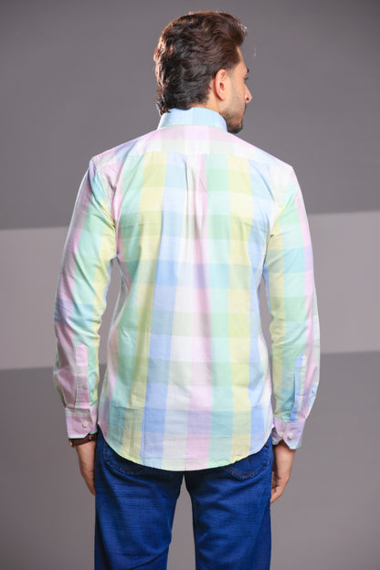 Pastel Green & Lavender Linen Check Shirt – Regular Fit