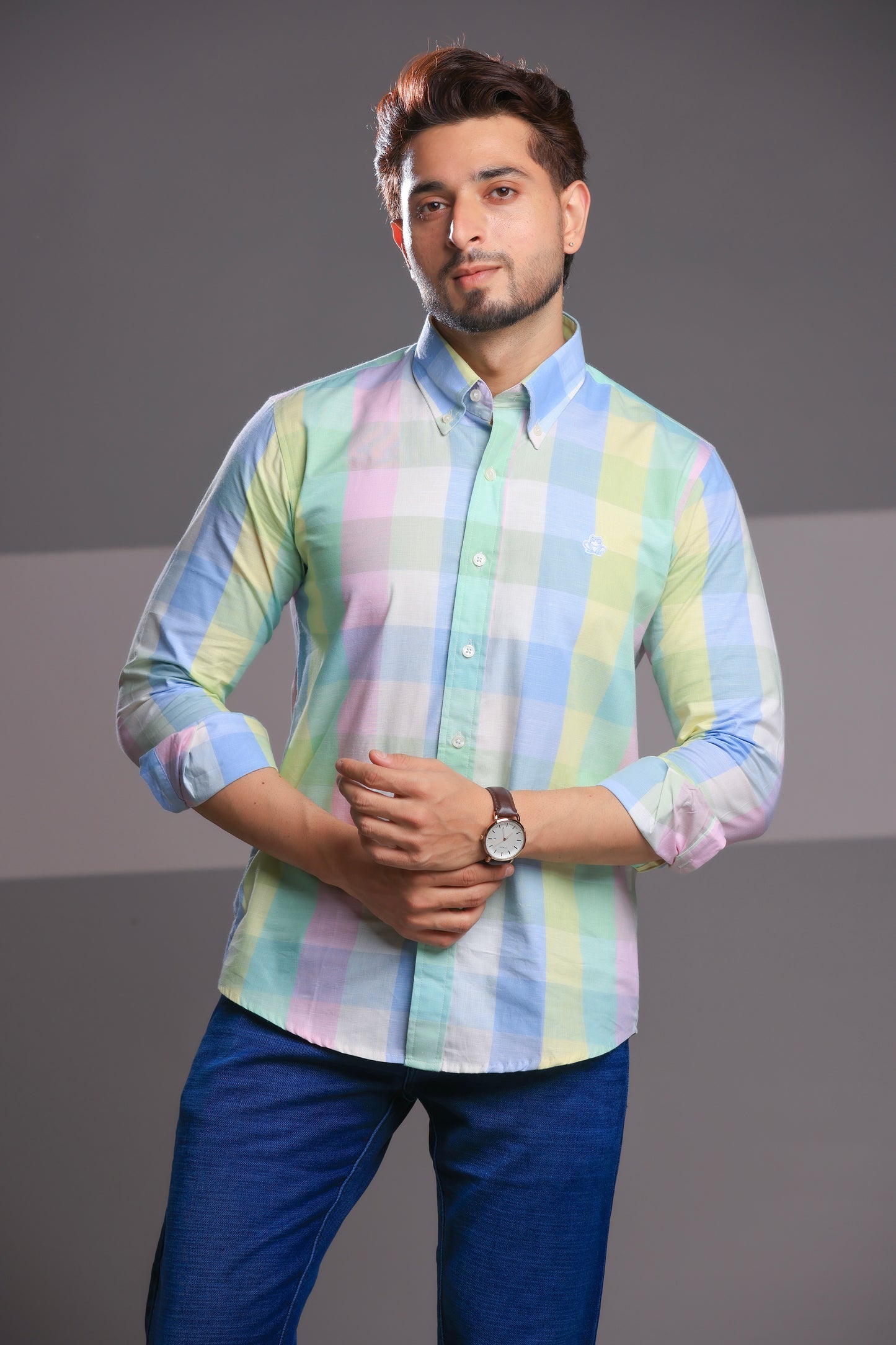 Pastel Green & Lavender Linen Check Shirt – Regular Fit