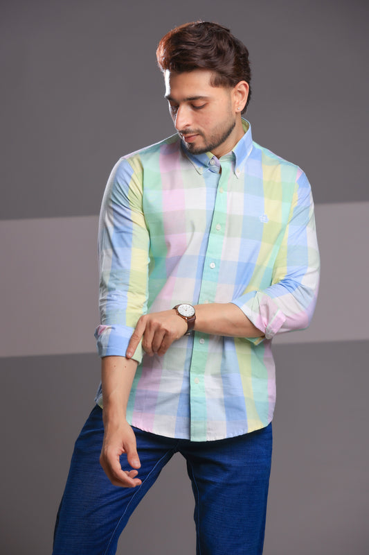 Pastel Green & Lavender Linen Check Shirt – Regular Fit
