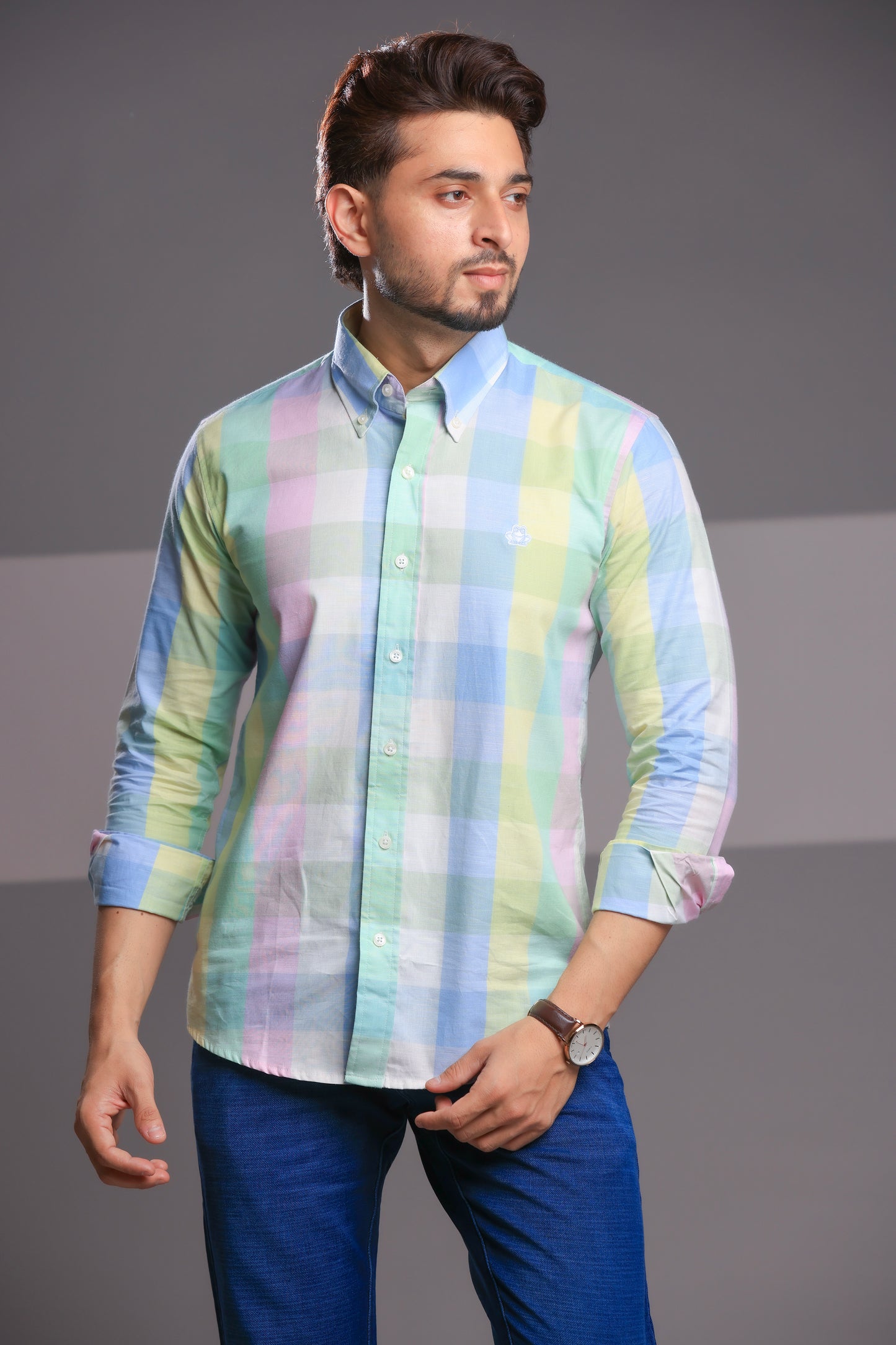 Pastel Green & Lavender Linen Check Shirt – Regular Fit